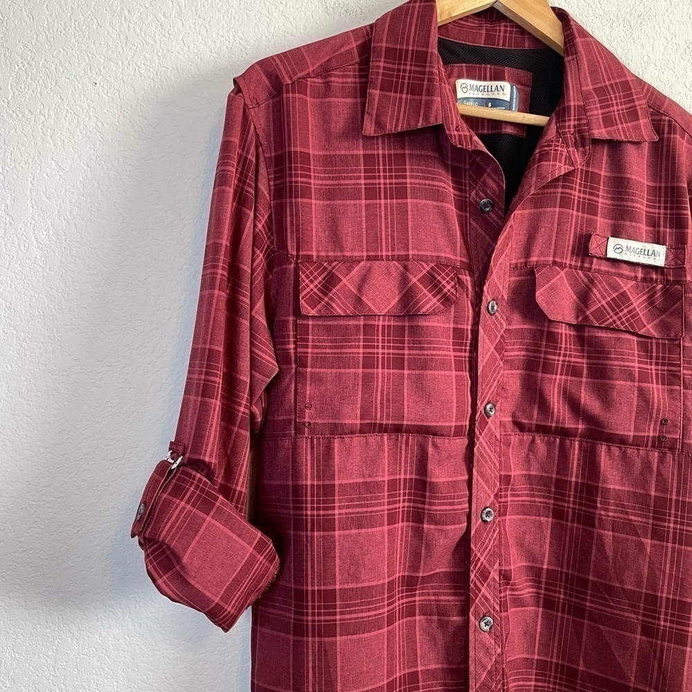 Magellan Outdoor Red Plaid Long Sleeve Button Front Barton Creek Shirt Sze Small - Picture 2 of 10